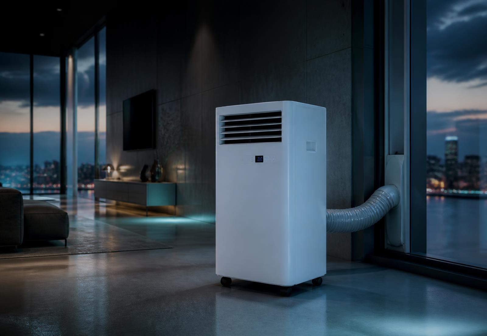White monoblock portable air conditioner with exhaust hose venting through a window in a modern apartment at dusk