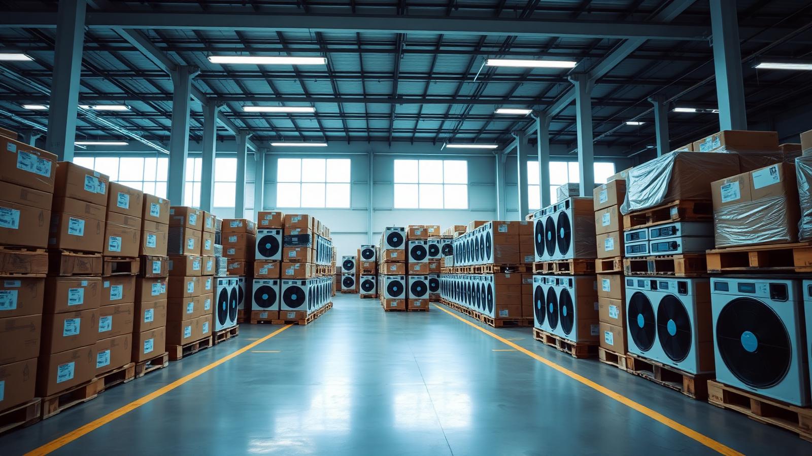 European distribution warehouse with pallets of boxed portable air conditioners ready for dispatch